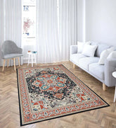 Traditional Persian Serapi style rug in orange and navy.